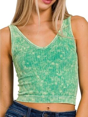 NWT💚Zenana Washed Ribbed Cropped Tank Top Two Way S/M Green